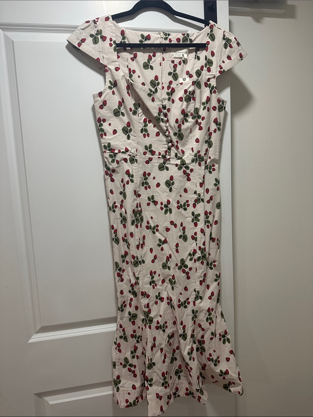 Anthropologie Cream Midi Dress with Red Cherry Print